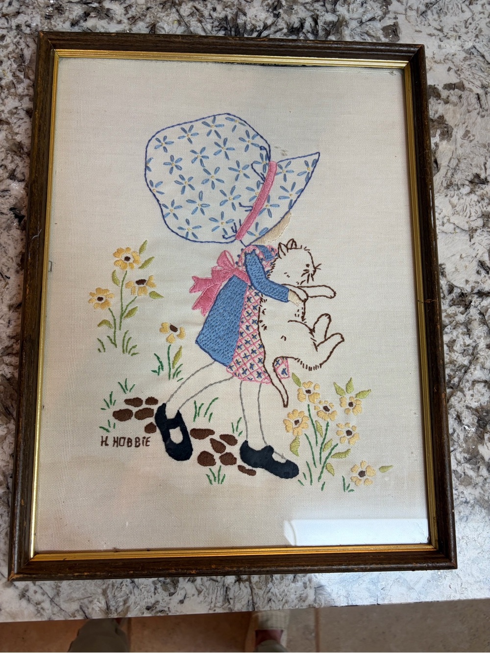 Vintage Needlepoint Embroidered Girl with Kitten Wall Art Holly Hobbie 80s